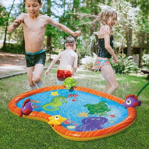 Sprinkler Pad Water Play Mat Durable Portable Inflatable Sprinkler Pad Sprinkle and Splash Wading Pool Summer Essential Spray Toys for Kids Outdoor Garden Family Activities Sea Life PVC Mat Paddling