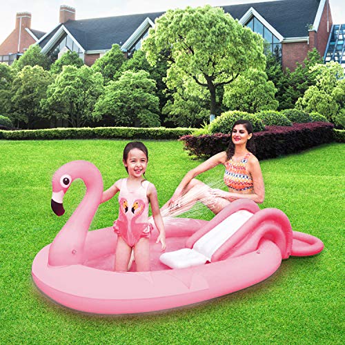 Sun Club Inflatable Flamingo Design Play Paddling Pool with Water Spray, Slide and Balls, Pink