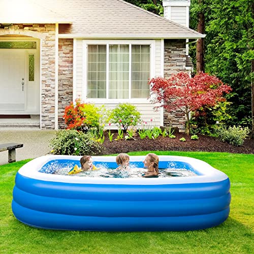 GALAXYER Inflatable Paddling Pool, 3 Rings Large Rectangular Family Swimming Center for Kids Toddlers Adult, Indoor Outdoor Garden Swimming Pool, 210 × 135 × 60 CM