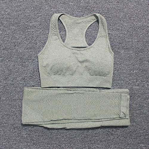 WodoWei Women 2 Piece Workout Outfits Sports Bra Seamless Leggings Yoga Gym Activewear Set, Khaki Grey Marl, Small