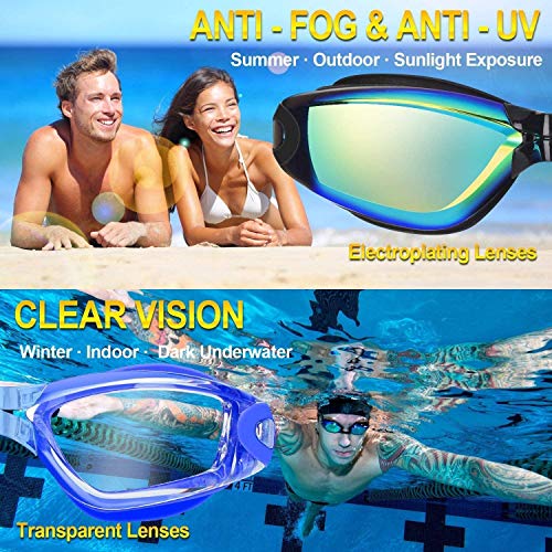 DXK Swimming Goggles, Mirrored Swim Goggles No Leaking Anti Fog UV Protection 180 Degree Vision with Free Protection Case and Soft Silicone Nose Bridgefor Adult Men Women Youth