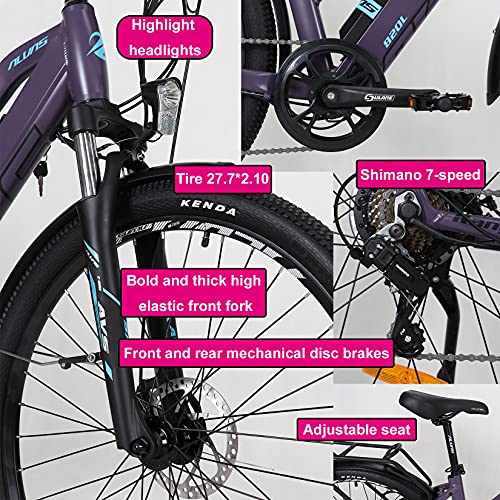 Hyuhome Electric Bikes for Adult Mens Women,27.5" E-MTB Bicycles Full Terrain 36V 12.5Ah Mountain Ebikes,BAFANG Motor Shimano 7-Speed Double Disc Brakes for Outdoor Commuter (Purple, 820L)