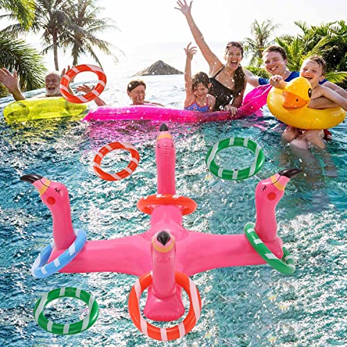 mciskin Flamingo Inflatable Pool Ring Toss Games Toys, Floating Flamingo Swimming Pool Ring with 6Pcs Rings, Swimming Pool Games for Kids Adults Summer Pool Party