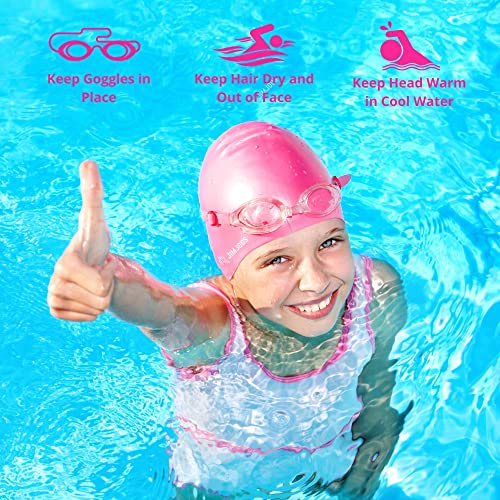 JIMJOOS Waterproof Kids Swimming Cap - 100% Silicone Durable and Odour Free Swim Hat - Stretchable, Anti slip Swim Cap - Swimming Hat for up to 8 Years With Protective Pouch (PINK)