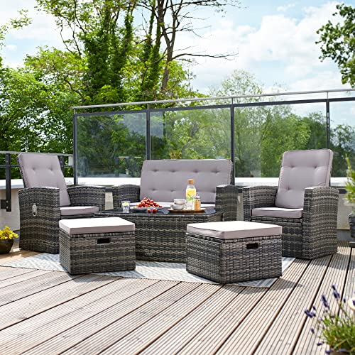 TecTake 801040 Garden rattan furniture set | Outdoor 6 seater polyrattan coffee table and chairs | Patio sofa, 2 armchairs and 2 stools with cushions (Grey)